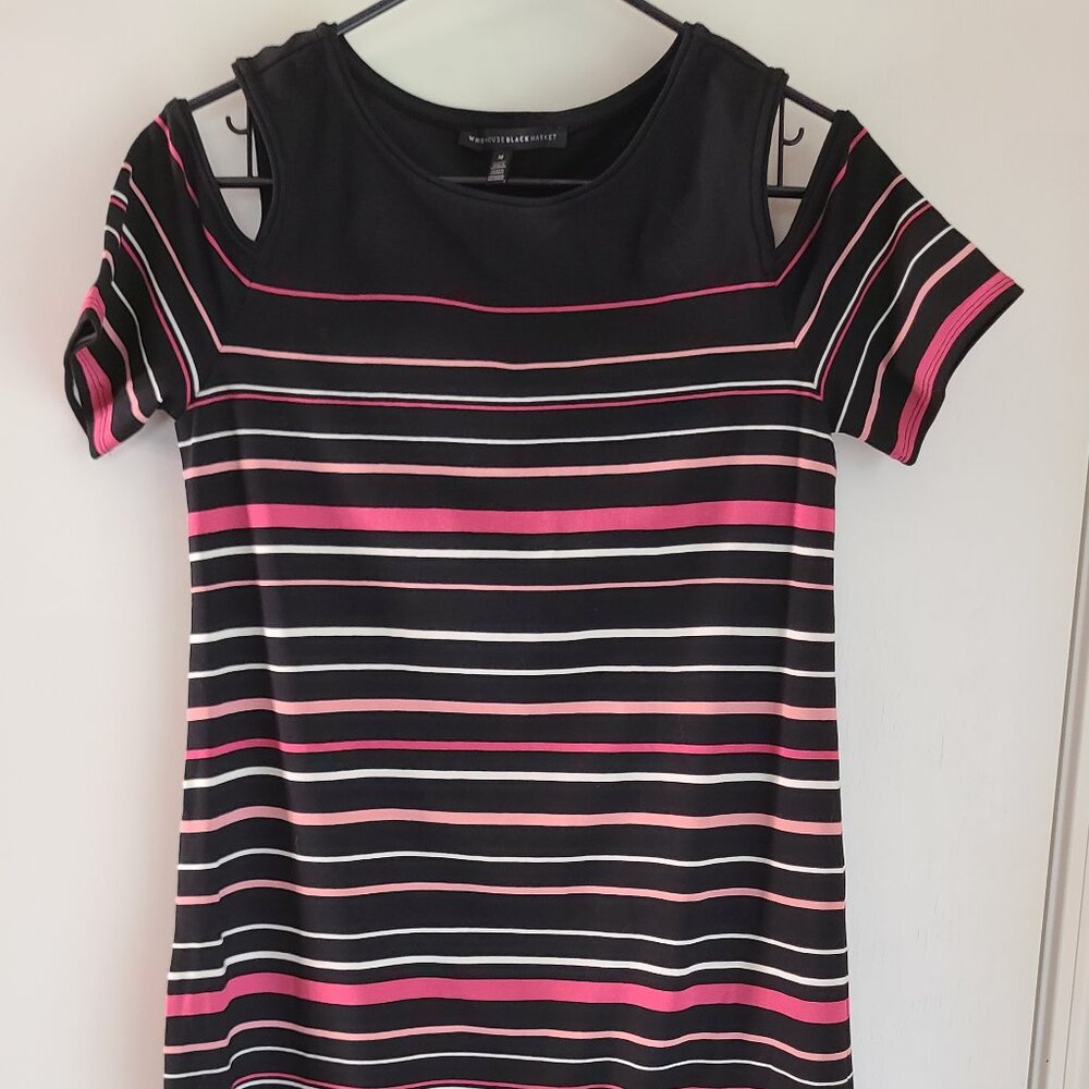WHBM Open Shoulder Short Sleeve Striped Short Dress